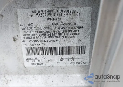 2007 Mazda Mazda6 I Sport Ve из США, поврежденный, VIN 1YVHP80C375M48778